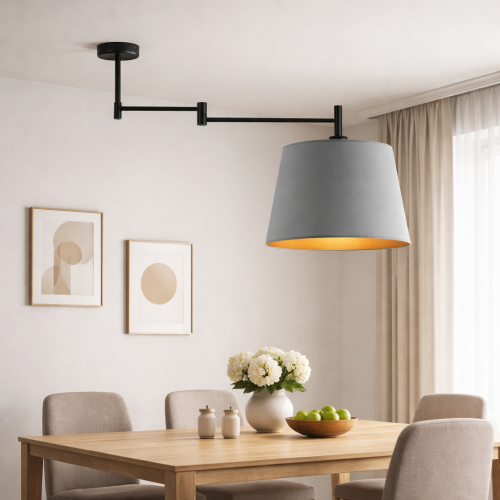 Nowoczesna lampa sufitowa z regulowanym ramieniem i szarym kloszem. Idealna nad stół do jadalni lub salonu. Minimalistyczny design, funkcjonalność i precyzyjne oświetlenie w jednym stylowym rozwiązaniu do nowoczesnych wnętrz.