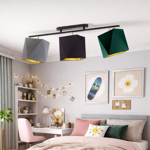 Nowoczesna lampa sufitowa z geometrycznymi kloszami w stylu loft idealnie do pokoju nastolatki. Designerskie oświetlenie łączy funkcjonalność z modnym wyglądem, tworząc przytulną atmosferę w sypialni i podkreślając nowoczesny wystrój wnętrza.