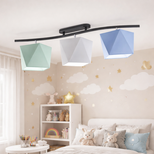 Nowoczesna lampa sufitowa z trzema geometrycznymi kloszami w pastelowych kolorach (miętowy, biały, niebieski). Idealna do pokoju dziecięcego – zapewnia przytulne światło i stylowy, designerski wygląd wnętrza.