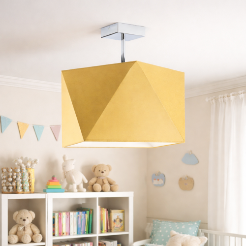 Nowoczesna lampa sufitowa w kolorze musztardowym o geometrycznym, designerskim kształcie. Idealna do pokoju dziecięcego, wprowadza ciepły i przytulny klimat. Wysoka jakość wykonania i stylowy wygląd pasują do nowoczesnych wnętrz.