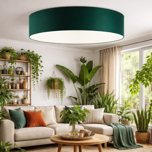 Designerska lampa sufitowa w kolorze butelkowej zieleni. Idealnie sprawdzi się w salonie urban jungle, loft lub minimalistycznym.