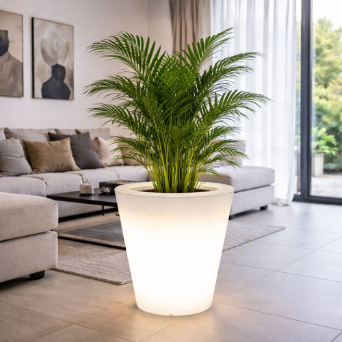 Nowoczesna podświetlana donica LED o eleganckim, minimalistycznym designie. Idealna do salonu, ogrodu lub tarasu. Wykonana z trwałych materiałów, odporna na warunki atmosferyczne. Doskonała do eksponowania roślin i tworzenia wyjątkowego klimatu.