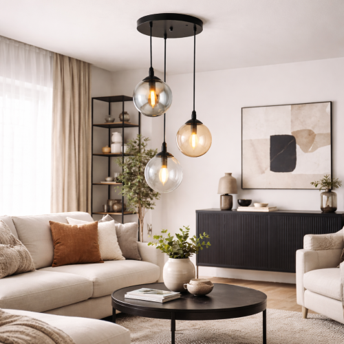 Nowoczesna lampa wisząca z trzema szklanymi kloszami w odcieniach dymionym, bursztynowym i transparentnym. Minimalistyczna forma i czarna konstrukcja idealnie pasują do salonu, jadalni lub loftowych wnętrz, tworząc ciepłe, dekoracyjne oświetlenie.