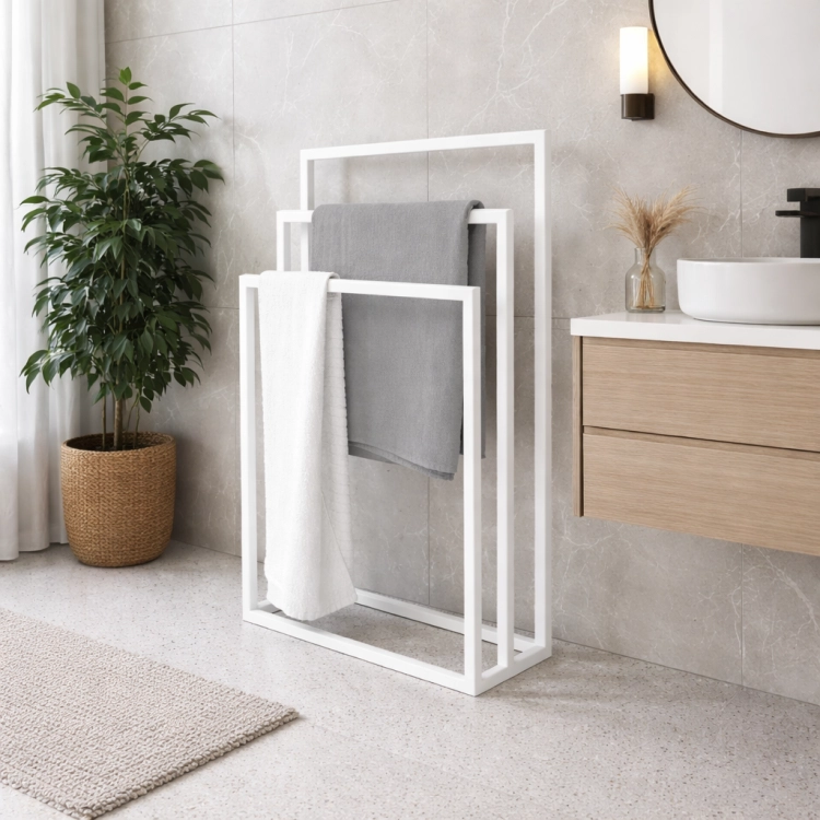 Nowoczesny stojak na ręczniki o minimalistycznej, geometrycznej formie. Wykonany z trwałego metalu, idealnie sprawdzi się w designerskiej łazience. Stabilna konstrukcja i elegancki wygląd zapewniają funkcjonalność oraz styl w każdej aranżacji.
