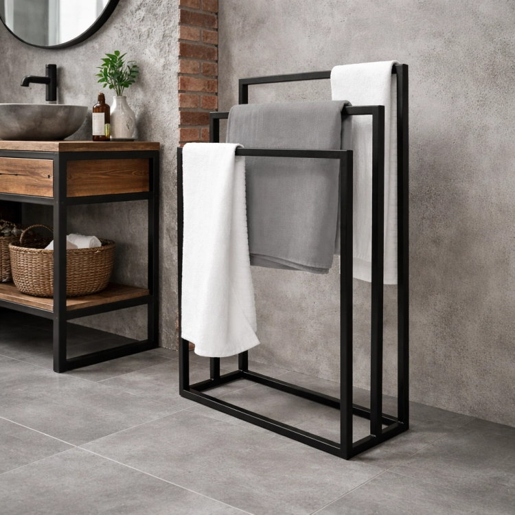 Nowoczesny stojak na ręczniki w stylu industrialnym, wykonany z trwałej stali malowanej na czarno. Stabilna konstrukcja i minimalistyczny design idealnie pasują do loftowych i nowoczesnych łazienek, zapewniając wygodne przechowywanie ręczników.