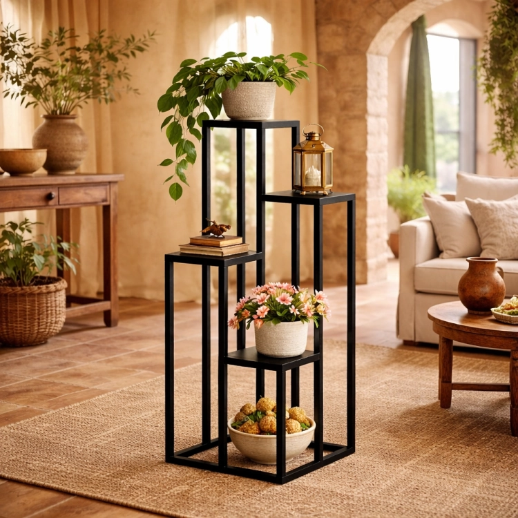 Nowoczesny stojak na kwiaty w czarnym, minimalistycznym stylu doskonale komponuje się z wnętrzem salonu w klimacie mediterranean. Idealny na rośliny i dekoracje, dodaje elegancji, lekkości oraz podkreśla naturalny, ciepły charakter aranżacji.