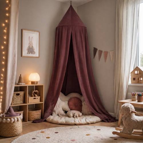 Elegancki baldachim w kolorze bordowym, idealny do stworzenia przytulnego kącika w pokoju dziecięcym. Wykonany z miękkiej, wysokiej jakości tkaniny, pięknie się układa i nadaje wnętrzu ciepły, magiczny charakter. Doskonały do zabawy, relaksu i wyciszenia.
