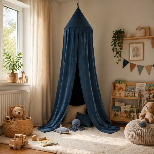 Granatowy baldachim dziecięcy z miękkiego welwetu, sufitowy namiot do pokoju dziecka. Tworzy przytulny kącik zabawy, czytania i odpoczynku. Elegancki design, delikatnie opadająca tkanina i stylowy akcent do wnętrza dziecięcego.