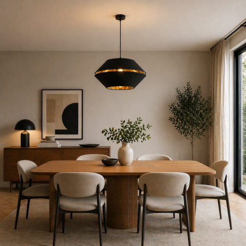 Nowoczesna lampa wisząca o eleganckiej, geometrycznej formie to idealne oświetlenie do jadalni i salonu. Czarna obudowa z ciepłym, złotym wnętrzem tworzy przytulny klimat i stylowy akcent we wnętrzach nowoczesnych oraz minimalistycznych.