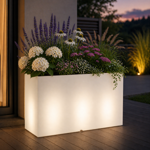 Nowoczesna podświetlana donica LED 100x75 cm do salonu i na taras. Idealna do roślin domowych, np. paproci. Designerski wygląd, trwały materiał i nastrojowe światło tworzą elegancką dekorację wnętrz i przestrzeni outdoor.