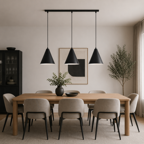 Nowoczesna lampa wisząca z trzema czarnymi kloszami to stylowe oświetlenie nad stół w jadalni lub wyspę kuchenną. Minimalistyczna forma, eleganckie wykończenie i równomierne światło podkreślają charakter wnętrza i tworzą przytulną atmosferę.