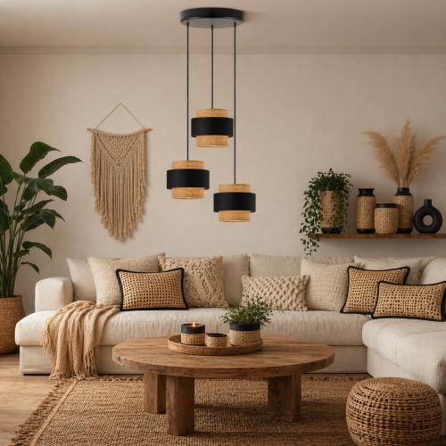 Nowoczesna lampa wisząca boho z trzema punktami światła, łącząca czarny metal z naturalnym rattanem. Idealna nad stolik kawowy lub do salonu, tworzy ciepły, przytulny klimat. Designerskie oświetlenie do wnętrz w stylu boho, japandi i eko.