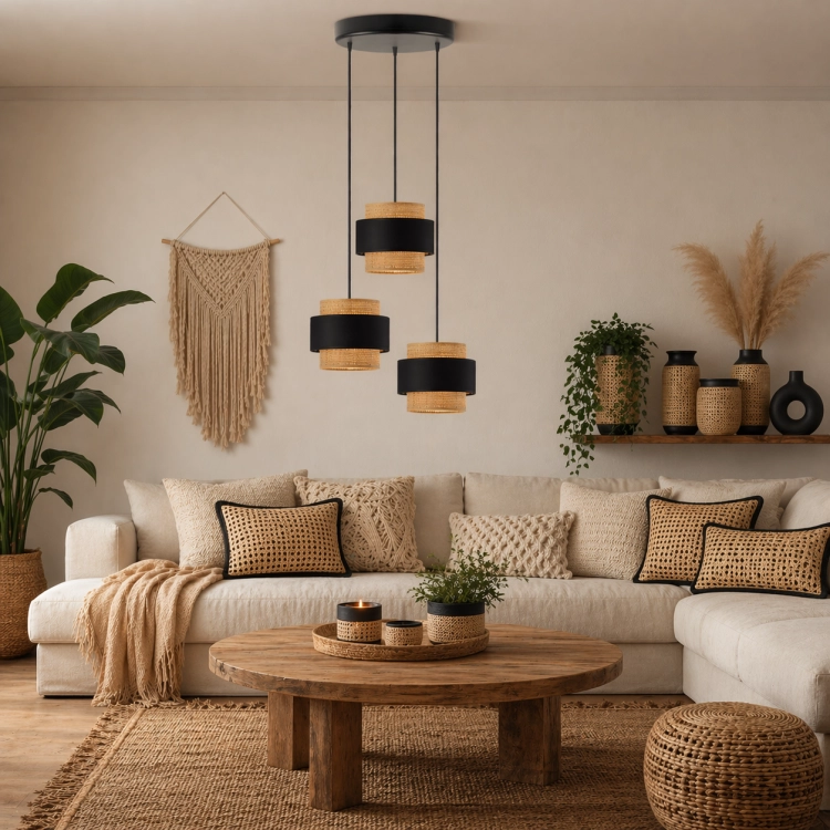 Nowoczesna lampa wisząca boho z trzema punktami światła, łącząca czarny metal z naturalnym rattanem. Idealna nad stolik kawowy lub do salonu, tworzy ciepły, przytulny klimat. Designerskie oświetlenie do wnętrz w stylu boho, japandi i eko.