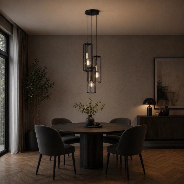 Nowoczesna lampa wisząca w stylu industrialnym idealnie prezentuje się nad okrągłym stołem w jadalni. Designerska forma, czarne metalowe klosze i ciepłe światło tworzą elegancki, przytulny klimat wnętrza dopasowany do współczesnych aranżacji.