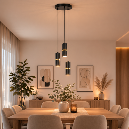 Nowoczesna lampa wisząca z trzema cylindrycznymi kloszami w kolorze czarnym z eleganckim złotym akcentem. Idealna do jadalni i salonu. Minimalistyczny design, wysokiej jakości wykonanie i stylowe oświetlenie wnętrza.