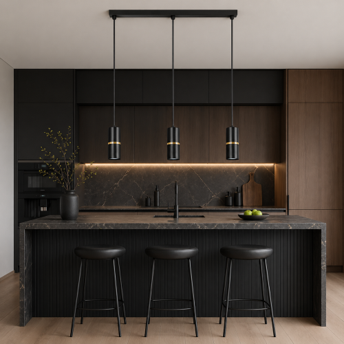 Nowoczesna lampa wisząca z trzema punktami światła w czarnym, matowym wykończeniu z eleganckimi złotymi detalami. Idealna nad wyspę kuchenną lub stół. Minimalistyczny design doskonale wpisuje się w styl loftowy i nowoczesny.