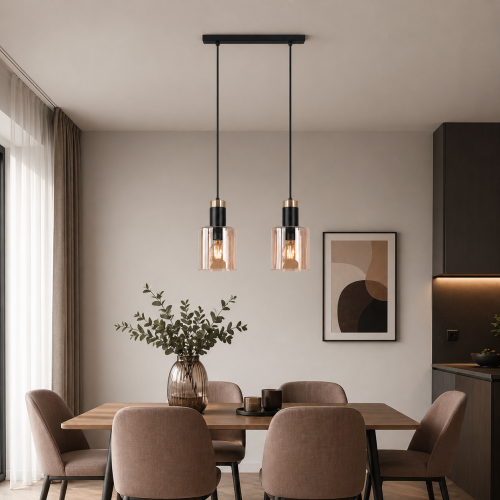 Nowoczesna lampa wisząca z podwójnym kloszem w odcieniu przydymionego szkła, idealna do jadalni lub salonu. Minimalistyczny design w stylu skandynawskim łączy elegancję z funkcjonalnością, zapewniając ciepłe, nastrojowe oświetlenie wnętrza.