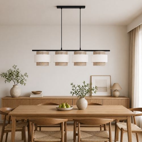 Nowoczesna lampa wisząca z czterema abażurami w naturalnym wykończeniu to idealne oświetlenie nad stół do jadalni. Minimalistyczny design, czarna konstrukcja i tkaninowe klosze tworzą elegancki klimat w stylu skandynawskim.