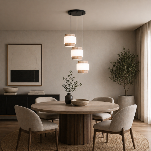 Nowoczesna lampa wisząca z trzema abażurami to stylowe oświetlenie do salonu, jadalni lub sypialni. Połączenie tkaniny i minimalistycznej formy zapewnia ciepłe, przytulne światło. Idealna do wnętrz nowoczesnych, skandynawskich i loftowych.