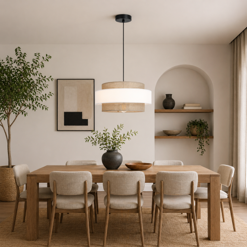 Nowoczesna lampa wisząca do jadalni z tekstylnym abażurem w odcieniach beżu i bieli. Idealna nad stół, tworzy przytulny klimat i rozproszone światło. Styl minimalistyczny, skandynawski – elegancja i funkcjonalność w jednym.