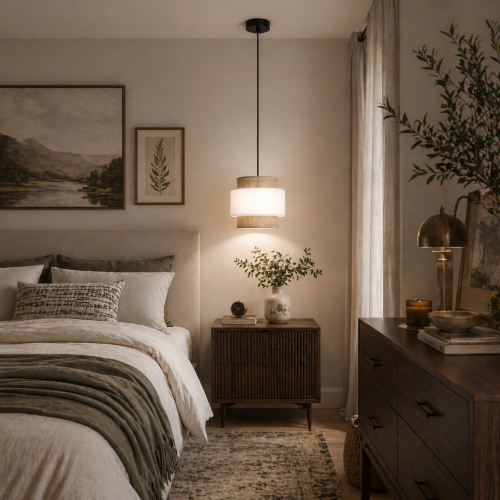 Nowoczesna lampa wisząca o eleganckim designie łączy naturalne tkaniny z minimalistyczną formą. Idealna do sypialni nad stolik nocny lub salonu, zapewnia ciepłe, przytulne światło i stylowy akcent pasujący do wnętrz skandynawskich i modern.