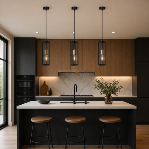 Nowoczesna lampa wisząca loftowa z metalową, czarną klatką i dekoracyjną żarówką Edison. Idealna do kuchni, nad wyspę lub do jadalni. Styl industrialny, minimalistyczny design i wysokiej jakości wykonanie podkreślą charakter wnętrza.