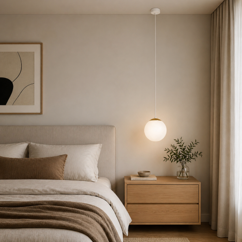 Minimalistyczna lampa wisząca z kulistym kloszem i eleganckim, złotym detalem to idealne oświetlenie do sypialni lub salonu. Zapewnia miękkie, przytulne światło i doskonale wpisuje się w nowoczesne, skandynawskie wnętrza.