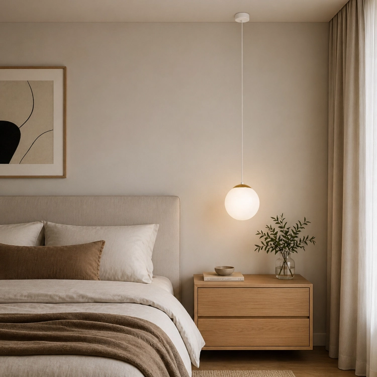 Minimalistyczna lampa wisząca z kulistym kloszem i eleganckim, złotym detalem to idealne oświetlenie do sypialni lub salonu. Zapewnia miękkie, przytulne światło i doskonale wpisuje się w nowoczesne, skandynawskie wnętrza.