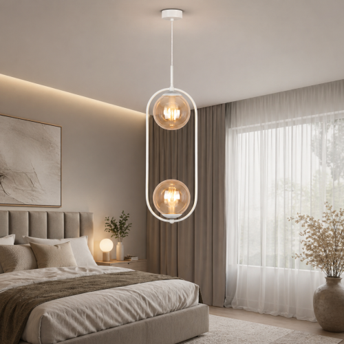 Nowoczesna lampa sufitowa o minimalistycznym designie z dwoma szklanymi kloszami w ciepłym odcieniu. Idealna do sypialni i salonu, tworzy przytulny klimat i doskonale wpisuje się w modne, eleganckie aranżacje wnętrz.