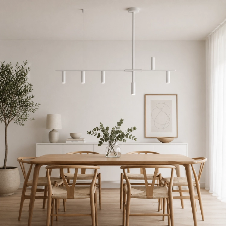 Nowoczesna lampa sufitowa w stylu skandynawskim, minimalistyczna forma i elegancka biel doskonale komponują się z jasną jadalnią. Idealne oświetlenie nad stół, łączące funkcjonalność z designem, podkreślające naturalne materiały i harmonię wnętrza.