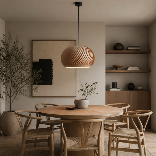 Nowoczesna lampa wisząca z drewnianym, rzeźbionym kloszem to idealne oświetlenie do salonu, jadalni i sypialni. Styl skandynawski i japandi, ciepłe światło i naturalne materiały tworzą przytulną atmosferę w każdym wnętrzu.