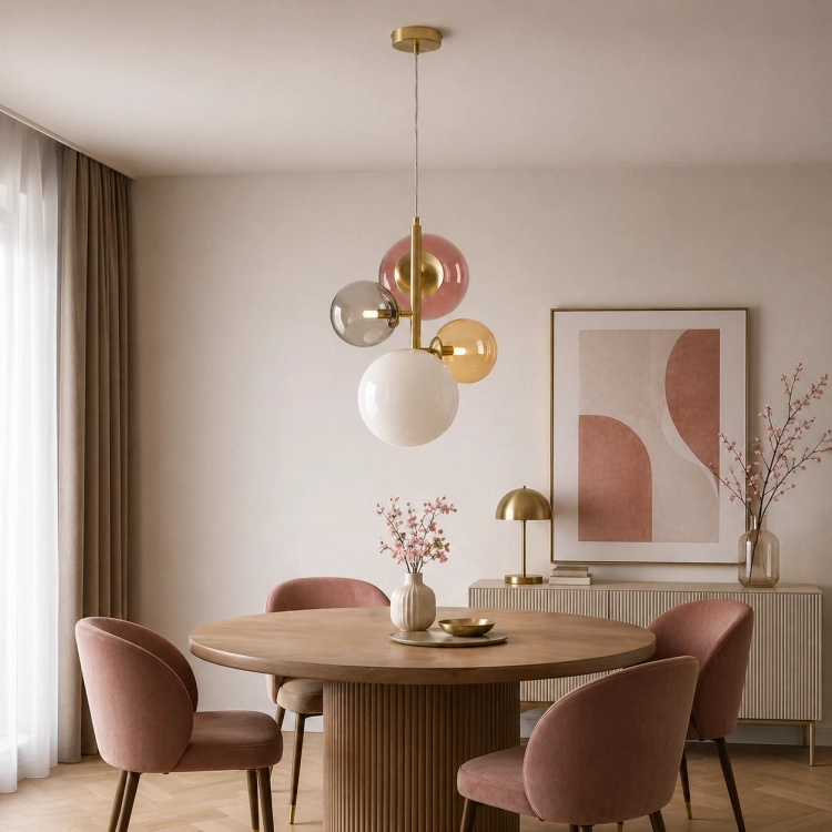 Nowoczesna lampa wisząca z kulistymi kloszami w odcieniach bursztynu, dymionego szkła i mlecznej bieli to elegancki akcent do jadalni lub salonu. Złote wykończenie podkreśla luksusowy charakter, tworząc przytulne i stylowe oświetlenie wnętrza.