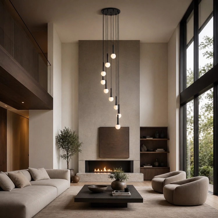 Nowoczesna lampa wisząca o kaskadowej formie to idealne oświetlenie do wysokich wnętrz. Minimalistyczny design, czarne wykończenie i kuliste klosze tworzą elegancki efekt nad stolikiem kawowym w salonie lub loftowej przestrzeni.