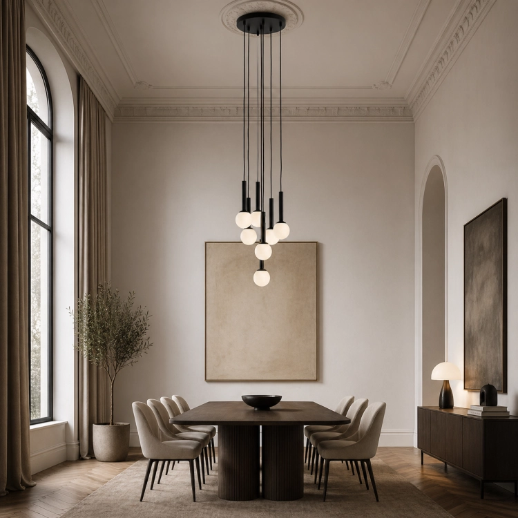 Nowoczesna lampa wisząca o minimalistycznym designie, idealna do wysokich wnętrz i eleganckich jadalni. Subtelne kuliste klosze i smukłe przewody tworzą efektowną kompozycję nad stołem, zapewniając stylowe i funkcjonalne oświetlenie.