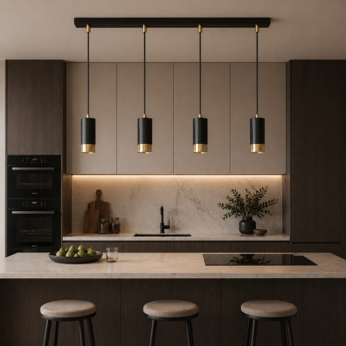 Nowoczesna lampa wisząca LED o szerokości 60 cm, z czterema cylindrycznymi kloszami w czerni i złocie. Idealna nad wyspę kuchenną lub stół. Minimalistyczny design, eleganckie wykończenie i wysokiej jakości materiały do wnętrz nowoczesnych i loftowych.