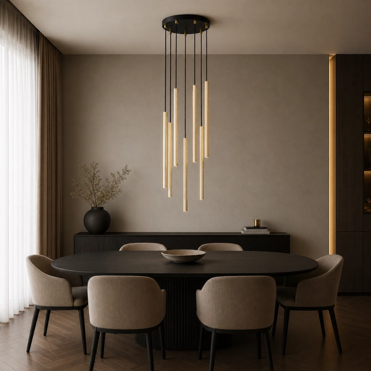 Nowoczesna lampa wisząca o wysokości 130 cm z eleganckimi, złotymi tubami zawieszonymi na czarnych przewodach. Idealna nad stół w jadalni lub do salonu, tworzy wyjątkowy klimat i podkreśla luksusowy, minimalistyczny charakter wnętrza.