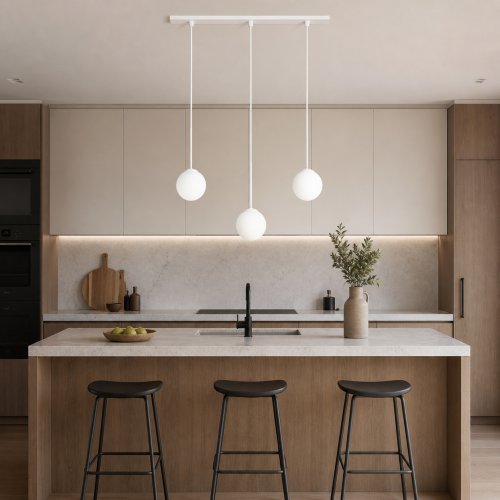 Nowoczesna lampa wisząca z trzema kulistymi kloszami to idealne oświetlenie nad wyspę kuchenną lub stół. Minimalistyczny design, białe wykończenie i elegancka forma doskonale wpisują się w styl nowoczesny, skandynawski i japandi.