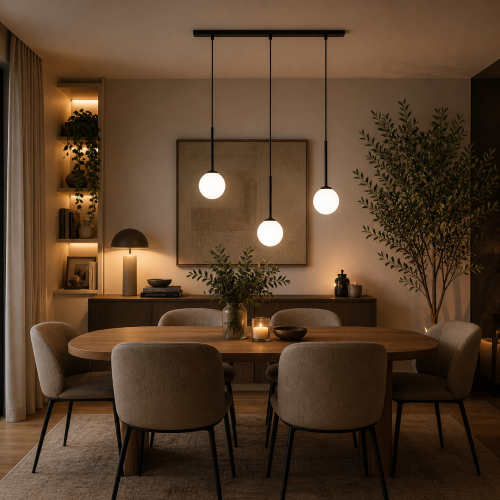 Nowoczesna lampa wisząca z trzema mlecznymi kulami i czarnym wykończeniem to idealne oświetlenie nad stół do jadalni. Minimalistyczny design, ciepłe światło i elegancka forma tworzą przytulny klimat w stylu modern, loft lub japandi.