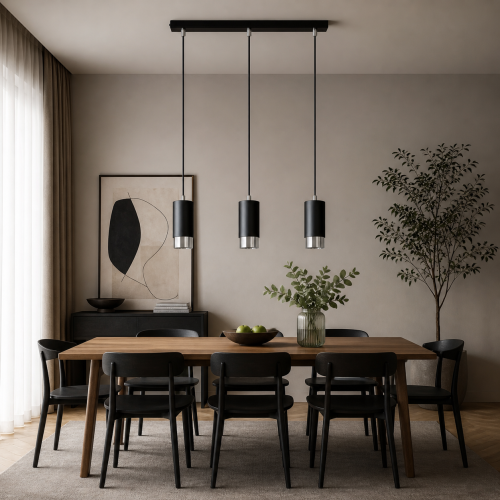 Nowoczesna lampa wisząca z trzema cylindrycznymi kloszami w czarnym matowym wykończeniu to idealne oświetlenie nad stół do jadalni lub salonu. Minimalistyczny design i eleganckie detale podkreślą styl współczesnych wnętrz.