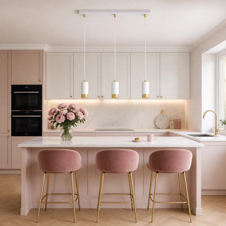 Elegancka lampa wisząca z trzema punktami światła w białym i złotym wykończeniu. Idealna nad wyspę kuchenną lub stół, łączy nowoczesny design z subtelną elegancją. Doskonała do stylowych, kobiecych wnętrz, dodaje lekkości i ciepła.