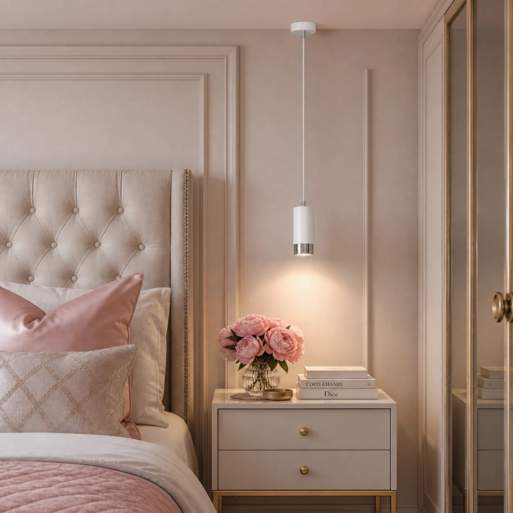 Nowoczesna lampa wisząca w minimalistycznym stylu glamour – elegancka biała oprawa z chromowanym wykończeniem idealnie sprawdzi się w sypialni, nad stolikiem nocnym lub w salonie. Subtelne oświetlenie podkreśla luksusowy charakter wnętrza.