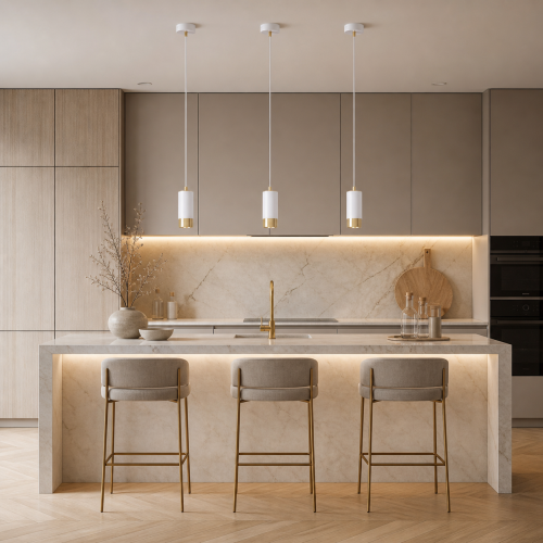 Nowoczesna lampa wisząca w kolorze białym ze złotymi detalami to eleganckie oświetlenie do kuchni, salonu lub sypialni. Minimalistyczna forma i cylindryczny klosz idealnie sprawdzą się nad wyspą, stołem lub jako designerski akcent wnętrza.