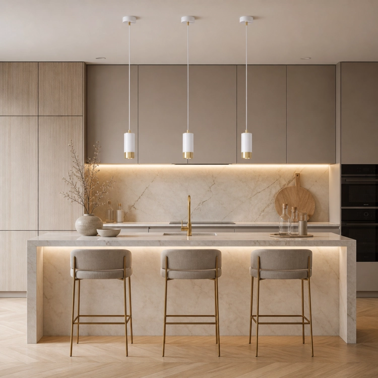 Nowoczesna lampa wisząca w kolorze białym ze złotymi detalami to eleganckie oświetlenie do kuchni, salonu lub sypialni. Minimalistyczna forma i cylindryczny klosz idealnie sprawdzą się nad wyspą, stołem lub jako designerski akcent wnętrza.