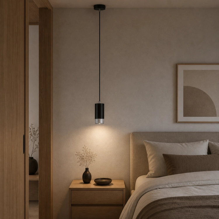 Nowoczesna lampa wisząca w stylu japandi, minimalistyczna forma i eleganckie czarne wykończenie. Idealna nad stolik nocny do sypialni, łączy funkcjonalność z designem. Doskonała do wnętrz skandynawskich i japońskich.