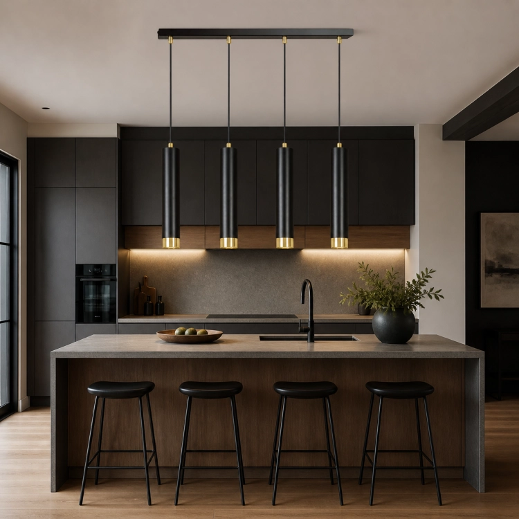 Nowoczesna lampa wisząca z czterema cylindrycznymi kloszami w czerni z eleganckimi złotymi akcentami. Idealna nad wyspę kuchenną lub stół, zapewnia stylowe oświetlenie i podkreśla charakter wnętrz w stylu minimalistycznym i loftowym.