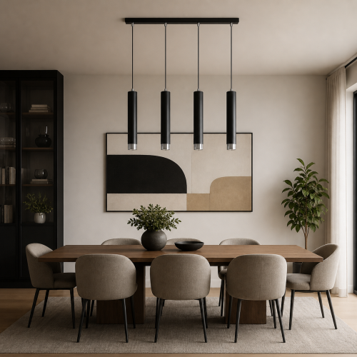 Nowoczesna lampa wisząca z czterema cylindrycznymi kloszami w eleganckim czarnym wykończeniu. Idealna do jadalni i wnętrz w stylu contemporary. Minimalistyczny design zapewnia stylowe oświetlenie i podkreśla charakter aranżacji.