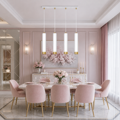 Nowoczesna lampa wisząca glamour z czterema cylindrycznymi kloszami w kolorze białym i złotym. Elegancka, minimalistyczna forma idealna do jadalni lub salonu. Wysoka jakość wykonania, stylowy design i efektowne oświetlenie wnętrza.