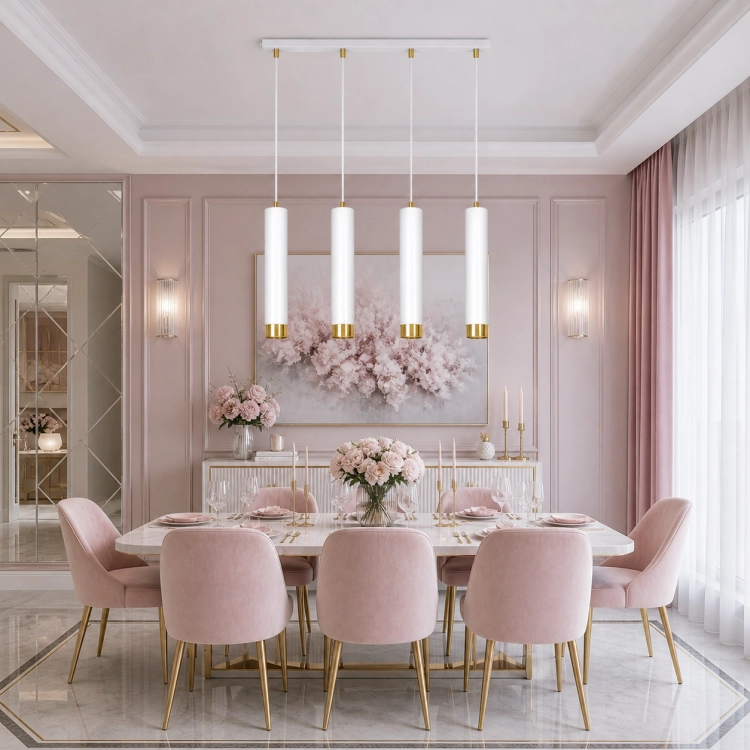 Nowoczesna lampa wisząca glamour z czterema cylindrycznymi kloszami w kolorze białym i złotym. Elegancka, minimalistyczna forma idealna do jadalni lub salonu. Wysoka jakość wykonania, stylowy design i efektowne oświetlenie wnętrza.
