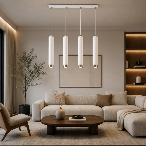 Nowoczesna lampa wisząca z czterema cylindrycznymi kloszami w kolorze białym to idealne oświetlenie do salonu nad stolik kawowy. Minimalistyczny design i eleganckie wykończenie pasują do współczesnych wnętrz, dodając im stylu i funkcjonalności.