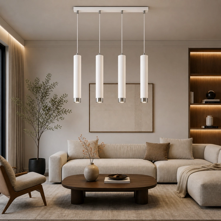 Nowoczesna lampa wisząca z czterema cylindrycznymi kloszami w kolorze białym to idealne oświetlenie do salonu nad stolik kawowy. Minimalistyczny design i eleganckie wykończenie pasują do współczesnych wnętrz, dodając im stylu i funkcjonalności.
